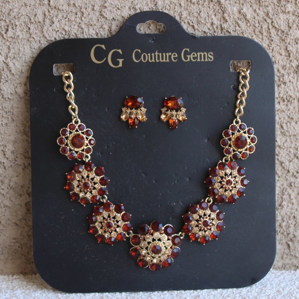 CG Couture Gems rhinestone necklace & earring set GA-5782 brown clear NEW